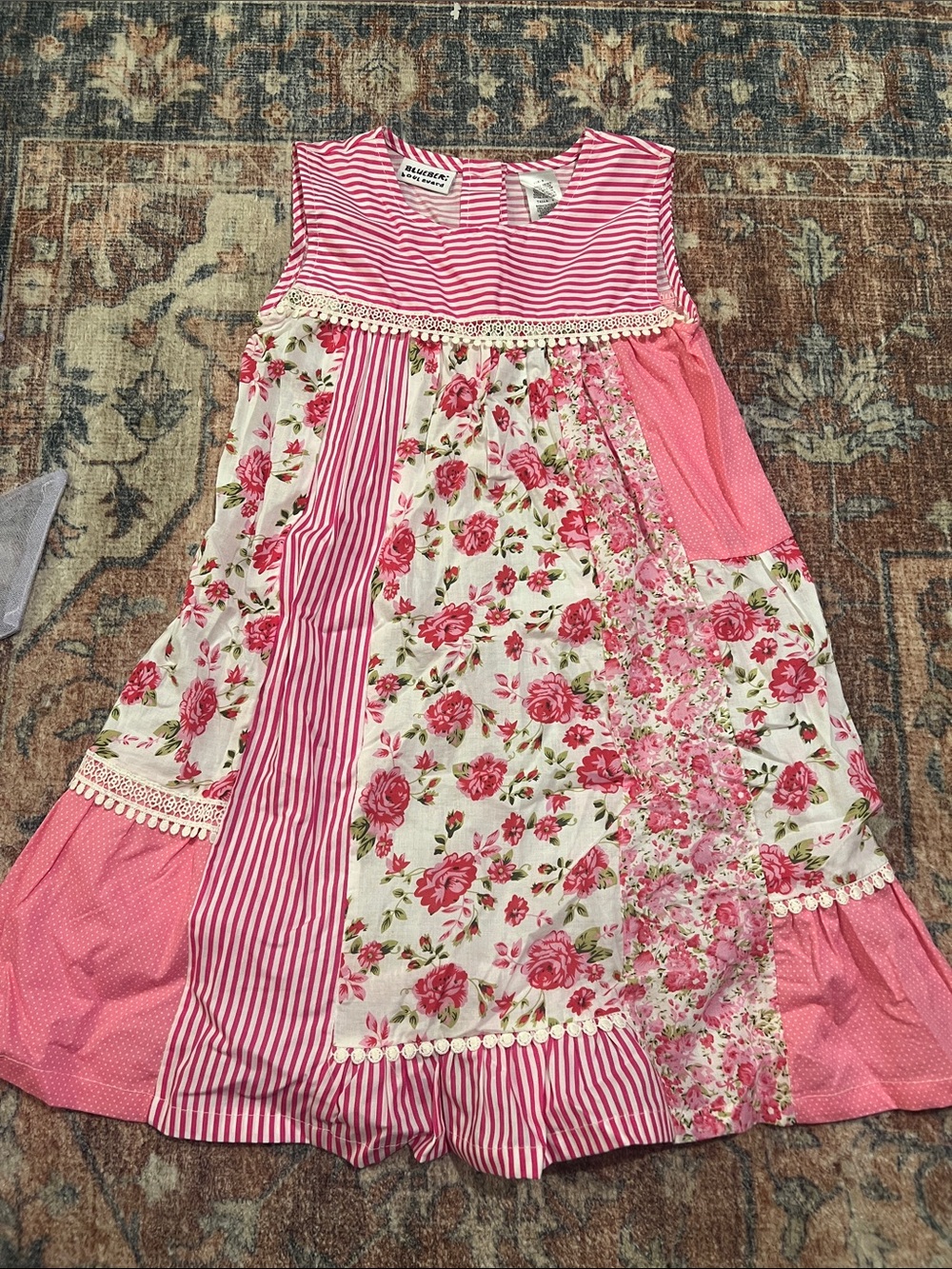 Blueberi Boulevard Pink Floral Patchwork Sundress for Kids